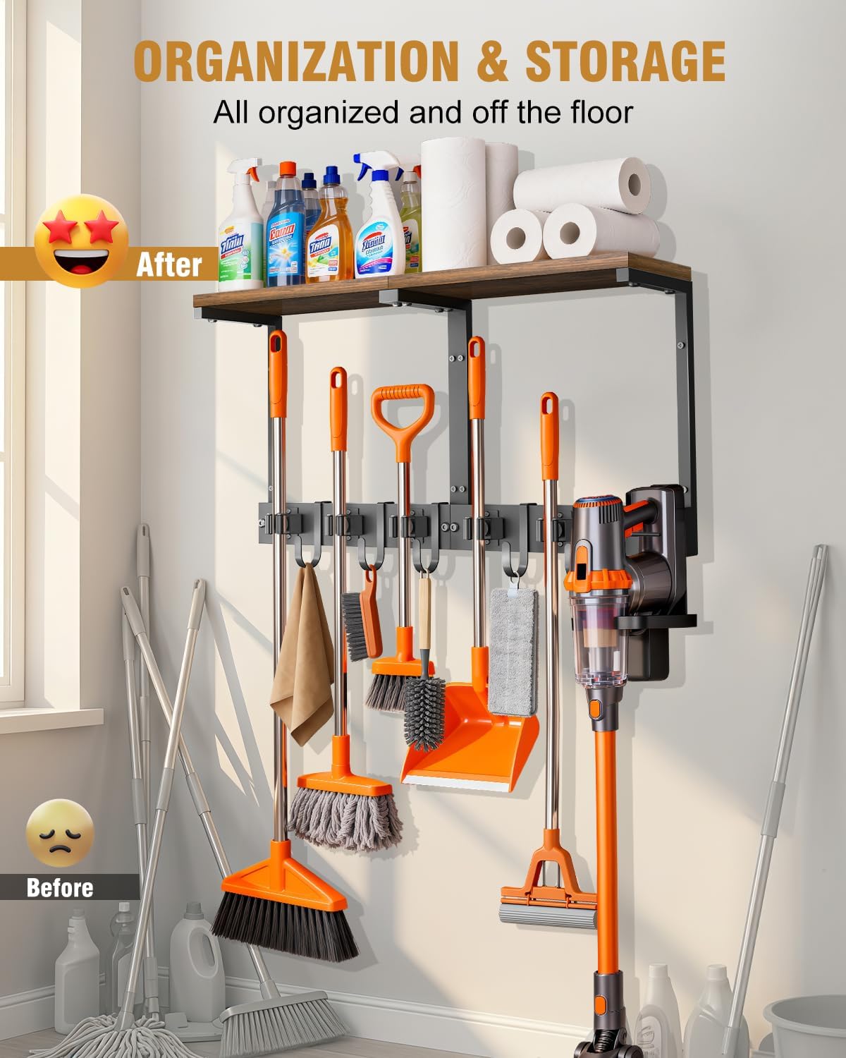 Supforce Broom Holder Wall Mount with Top Wooden Shelf, Heavy Duty Metal Cleaning Supplies Broom Hanger with Vacuum Organizer and 5 Slots & 5 Hooks for Laundry Garage Tool Storage Kitchen (Large)