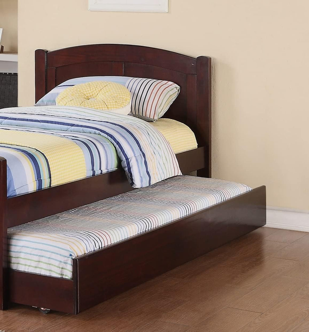 Twin Size Bed w, Trundle Slats Dark Cherry Pine Plywood Youth Bedroom Furniture