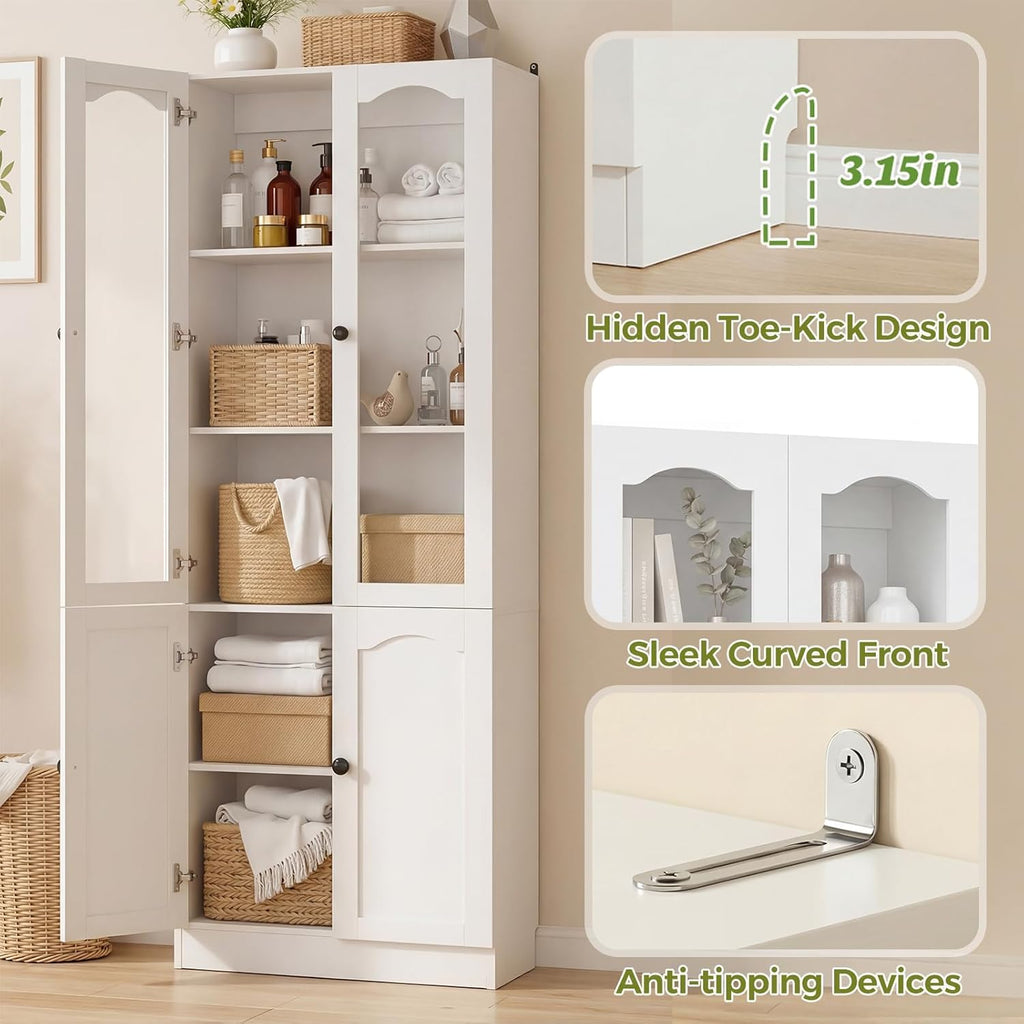 Cyclysio 80" Tall Pantry Cabinet Set of 3, Large Kitchen Storage Cabinet with Arched Glass Doors and Open Shelves, White Kitchen Pantry with 3.15" Baseboard Cutout for Living Room, Dining Room