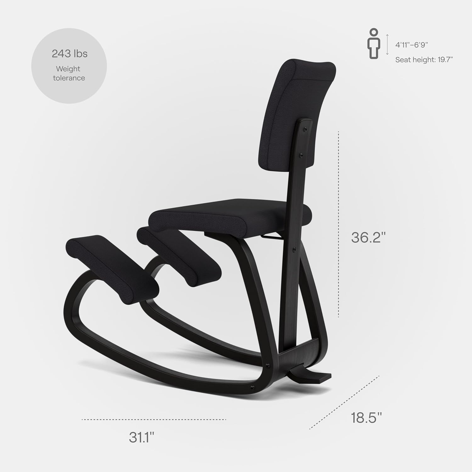 Varier Variable Plus Ergonomic Kneeling Chair with Backrest Black/Black| Active Sitting Posture Support Home Office Desk Chair | 10 Year Guarantee