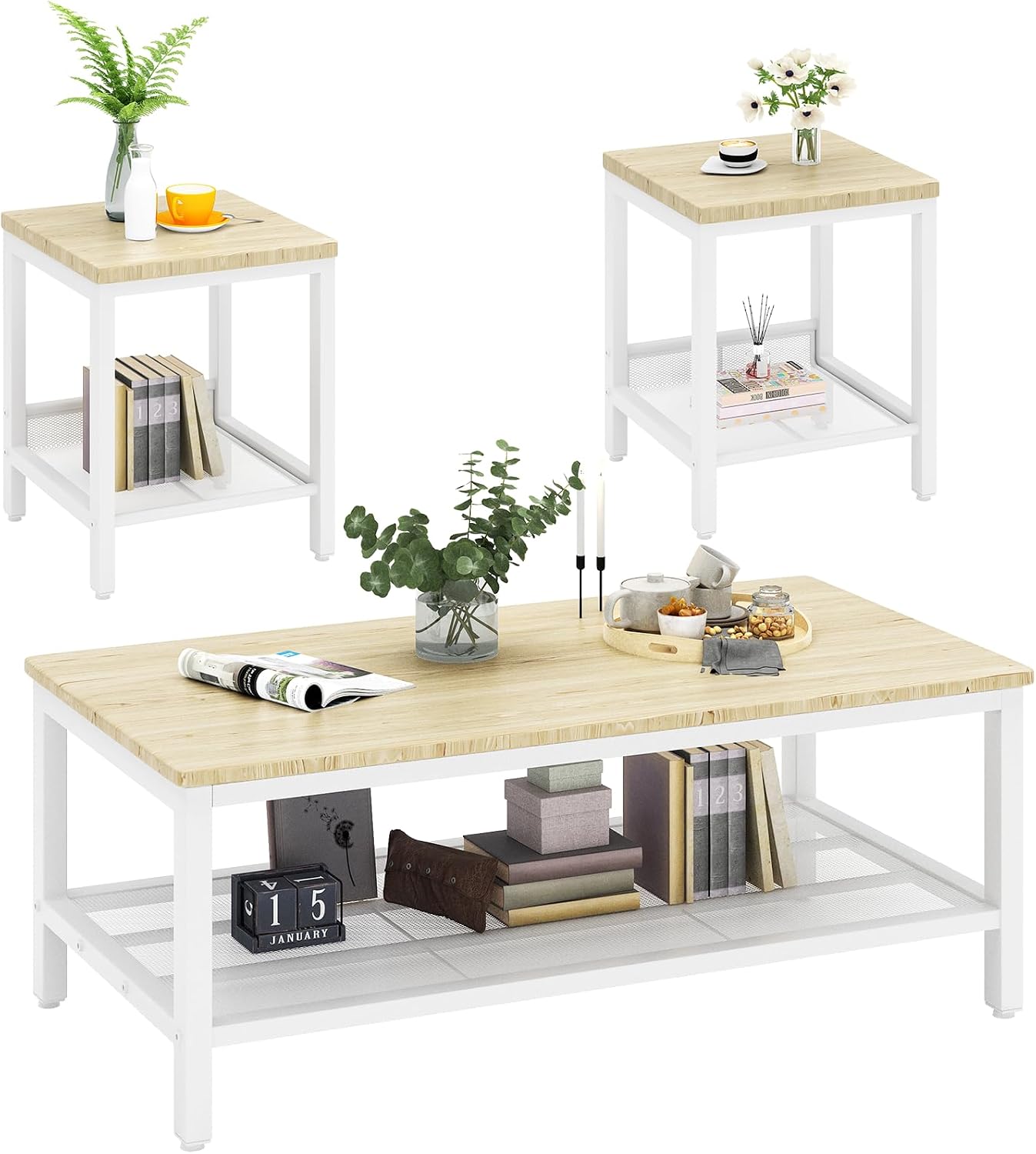 AWQM Coffee Table Coffee Table and end Table Sets Living Room Table | For Living Room, Small Apartment, Home Office, Sofa Storage Side Table & Bedroom Use (Oak)