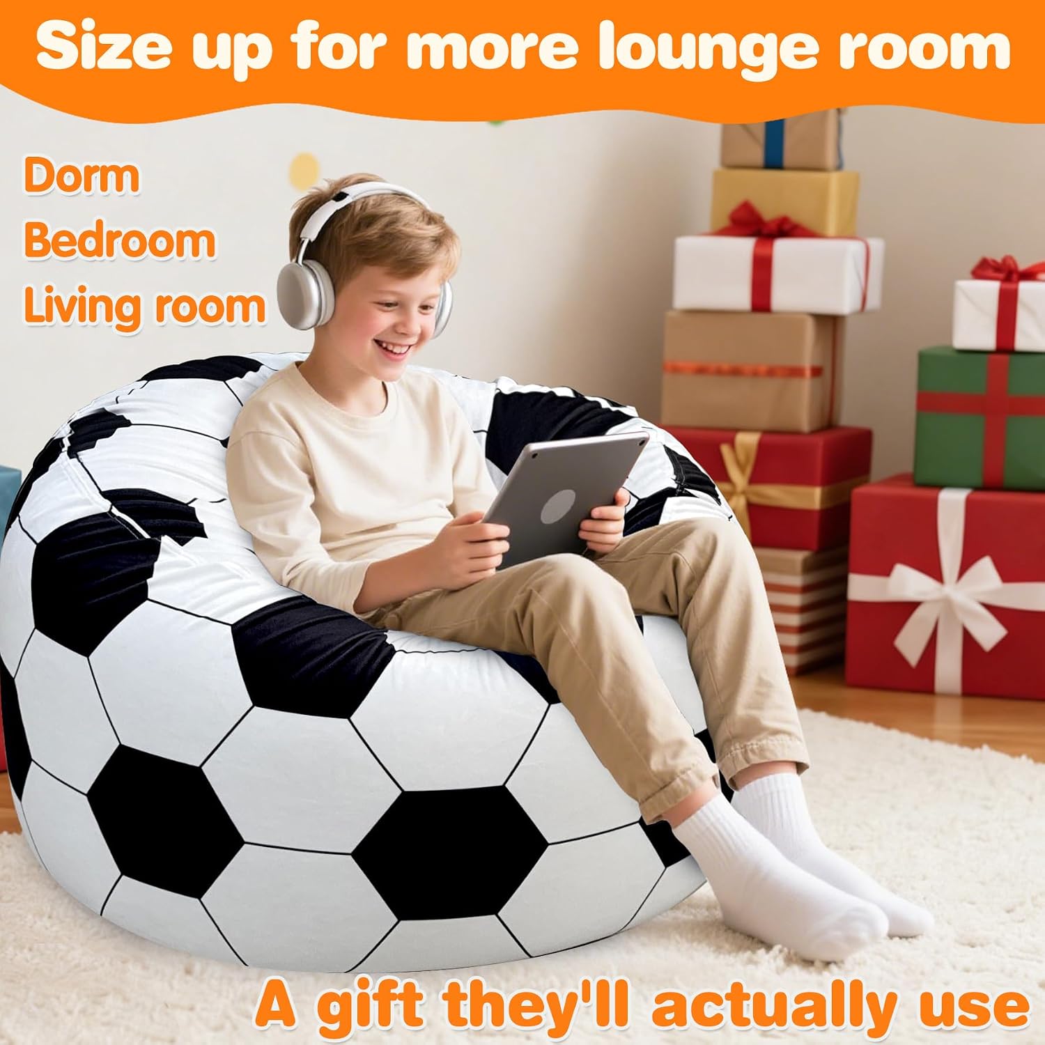 Lukeight Soccer Bean Bag Chair for Kids and Teens, Memory Foam Filled Floor Lounger, Washable Velvet Cover with Inner Liner, Beanbag Chair with Filling for Gaming and Reading, Large 27" D x 16" H