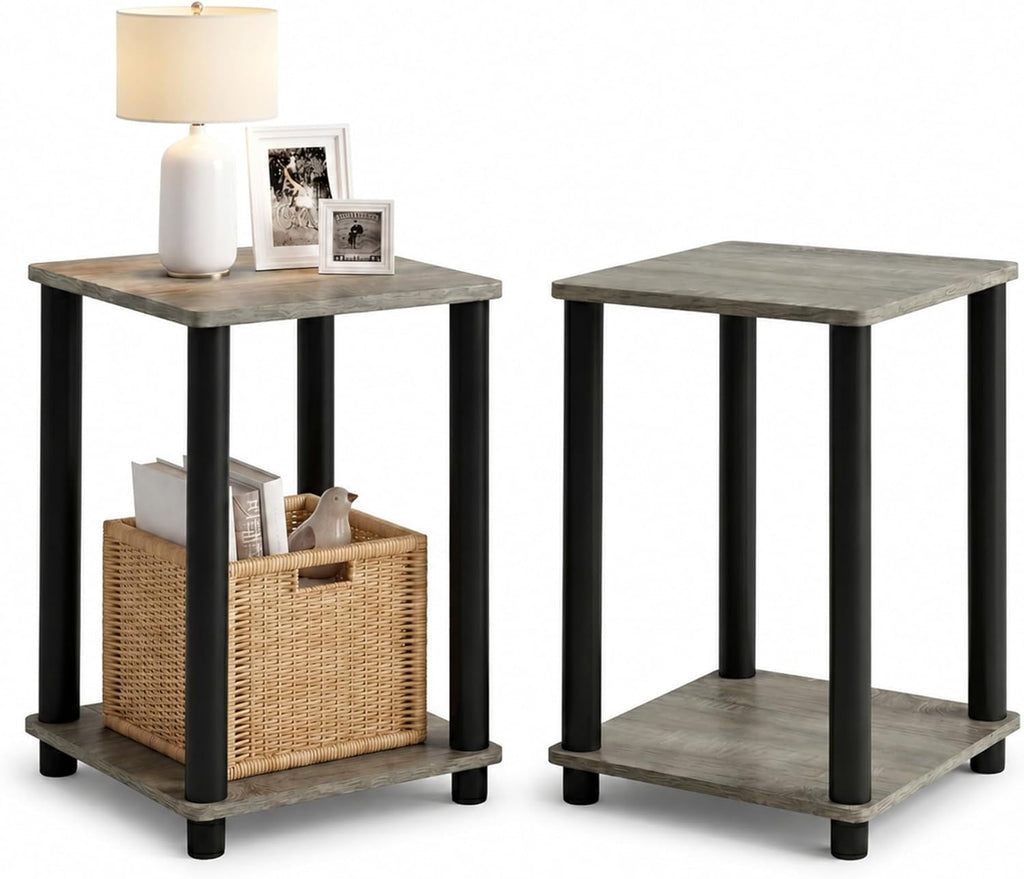 Furinno Turn-N-Tube Toolless Assembly Side Table Set of 2, Stackable 2-Tier Grey End Table with Open Shelf, Night Stand, Bedside Table, for Living Room, Bedroom, Grey Oak