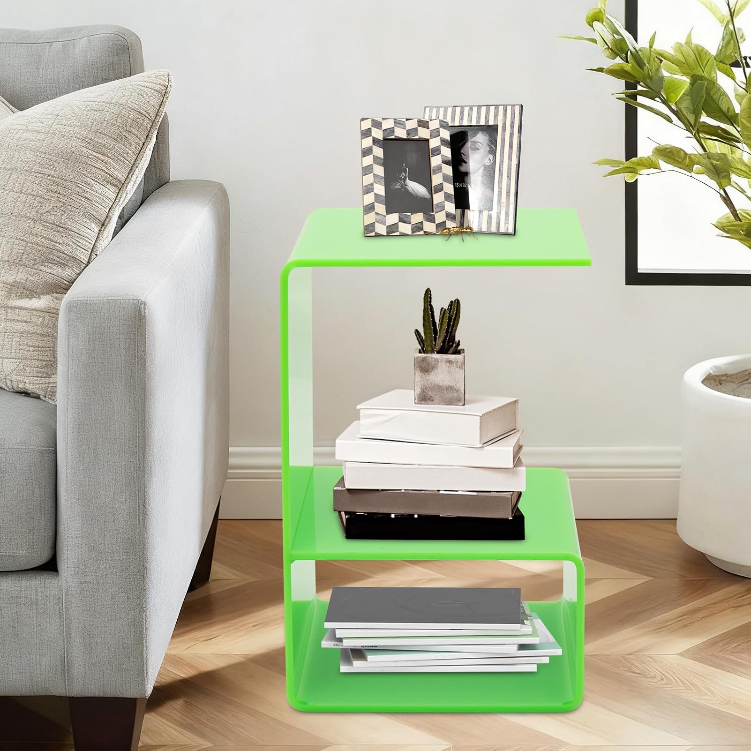 Acrylic Side Table, 21.6" C Shaped End Table, Free Standing Storage Tables, 3 Tier Bedside Nightstand, Small Coffee Tables for Living Room Bedroom Bathroom Entryway (Green)