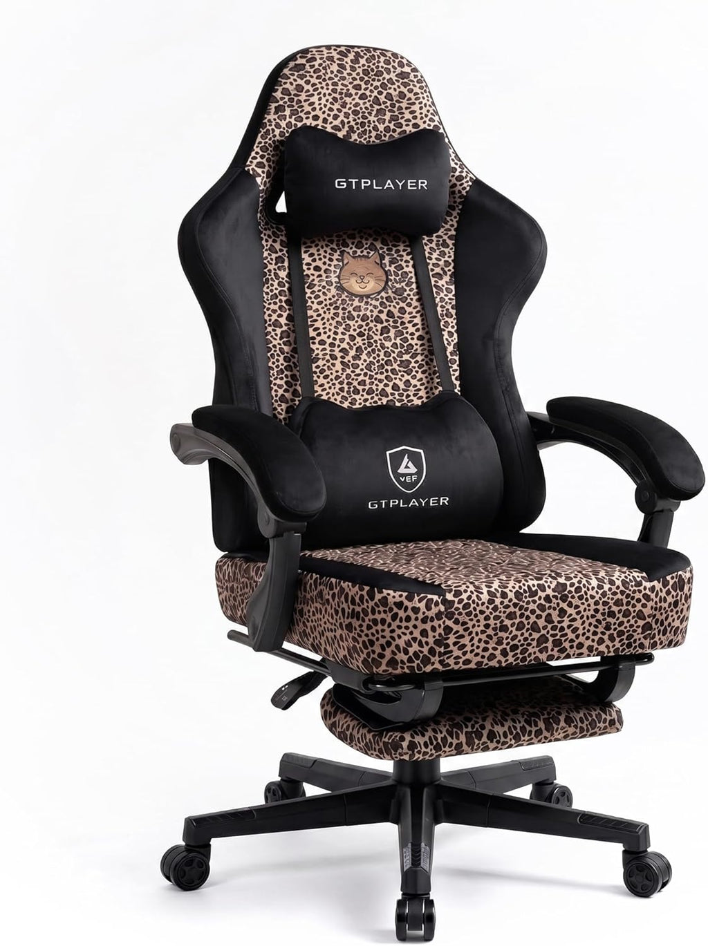 GTPLAYER Gaming Chair with Leopard Print Cat, Cute Velvet Fabric Ergonomic Computer Chair with Footrest Headrest and Lumbar Support, Big and Tall Comfortable Video Gamer Chair for Women Gift