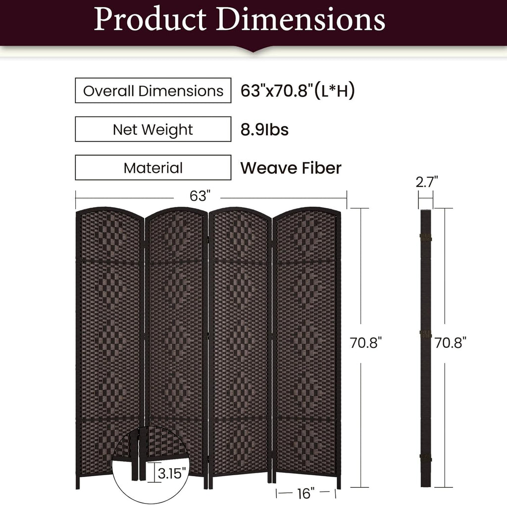 RHF 6 ft.Tall Room Divider, Room Dividers and Folding Privacy Screens, 15.7" Privacy Screen 4 Panels Room Divider Wall Partition Freestanding, Dark Coffee