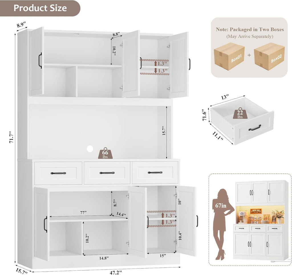 HOSTACK 72" Tall Kitchen Pantry Cabinet with Charging Station | LED Lights, 47" W Kitchen Pantry Storage Cabinet with Countertop, Modern Kitchens Hutch Cabinets with Storage for Dining Room, White
