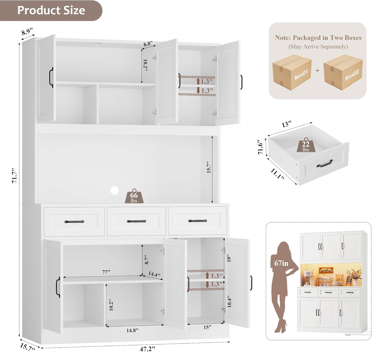 HOSTACK 72" Tall Kitchen Pantry Cabinet with Charging Station | LED Lights, 47" W Kitchen Pantry Storage Cabinet with Countertop, Modern Kitchens Hutch Cabinets with Storage for Dining Room, White