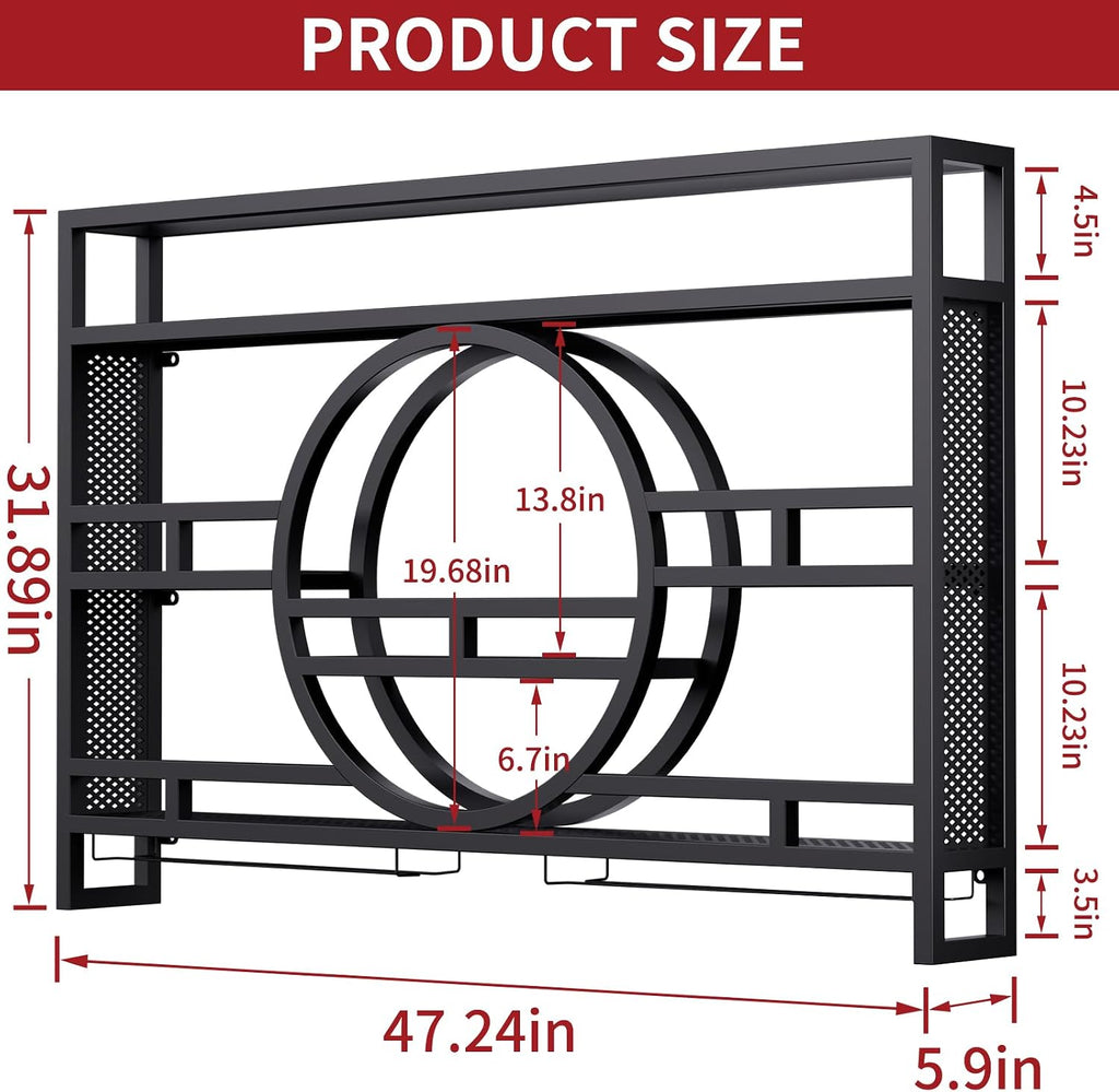 3-Tiers 47in Wine Rack Wall Mounted with Upgarded LED, Floating Bar Shelves with Wine Glass Holder Hanging Industrial Liquor Shelf, Wall-Mounted Wine Racks Cabinets for Home Bar, No Assembly Required
