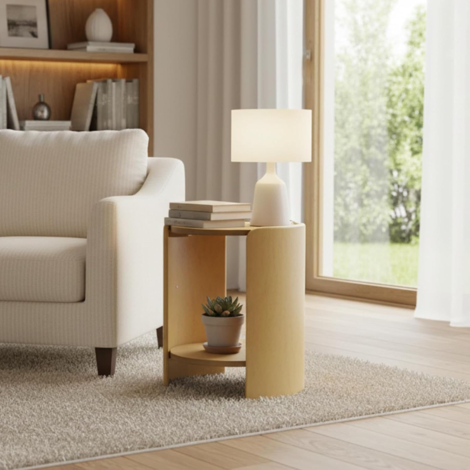 DUOMAY Wood Side Table, 15.5" Wide Round End Table with Storage Shelf Mid Century Modern Bedside Table for Living Room Apartment, Natural Oak Color