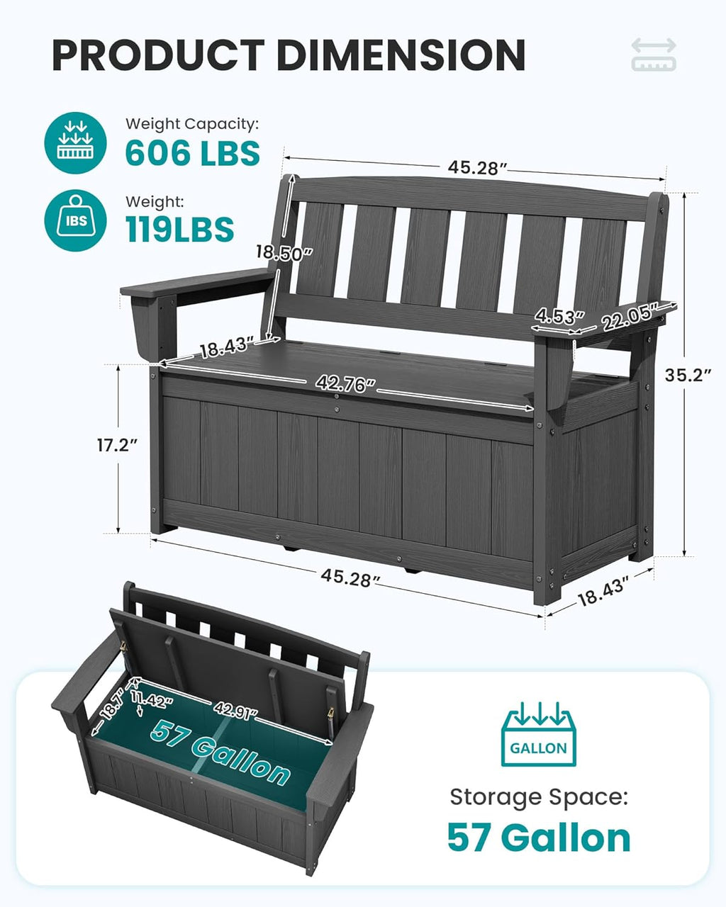 SERWALL HDPE Outdoor Storage Bench, All-Weather, UV-Resistant Deck Box with Waterproof Storage Bags, 57 Gallon Dual-Use Seat & Organizer Deck Boxes for Patio, Garden Tools & Pool (Gray)