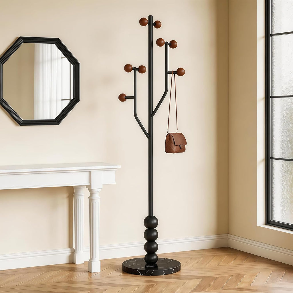 Freestanding Mid-Century Modern Tree Coat Rack | Freestanding metal rack with black marble base & wood spherical hooks for entryway, bedroom, living room