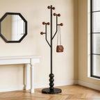 Freestanding Mid-Century Modern Tree Coat Rack | Freestanding metal rack with black marble base & wood spherical hooks for entryway, bedroom, living room