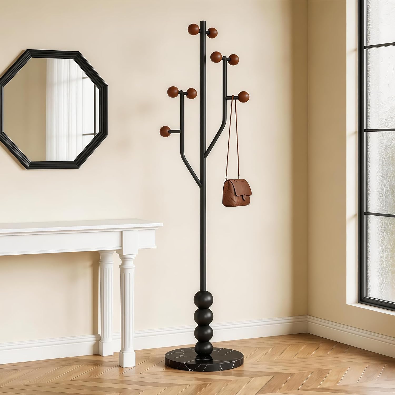 Freestanding Mid-Century Modern Tree Coat Rack | Freestanding metal rack with black marble base & wood spherical hooks for entryway, bedroom, living room