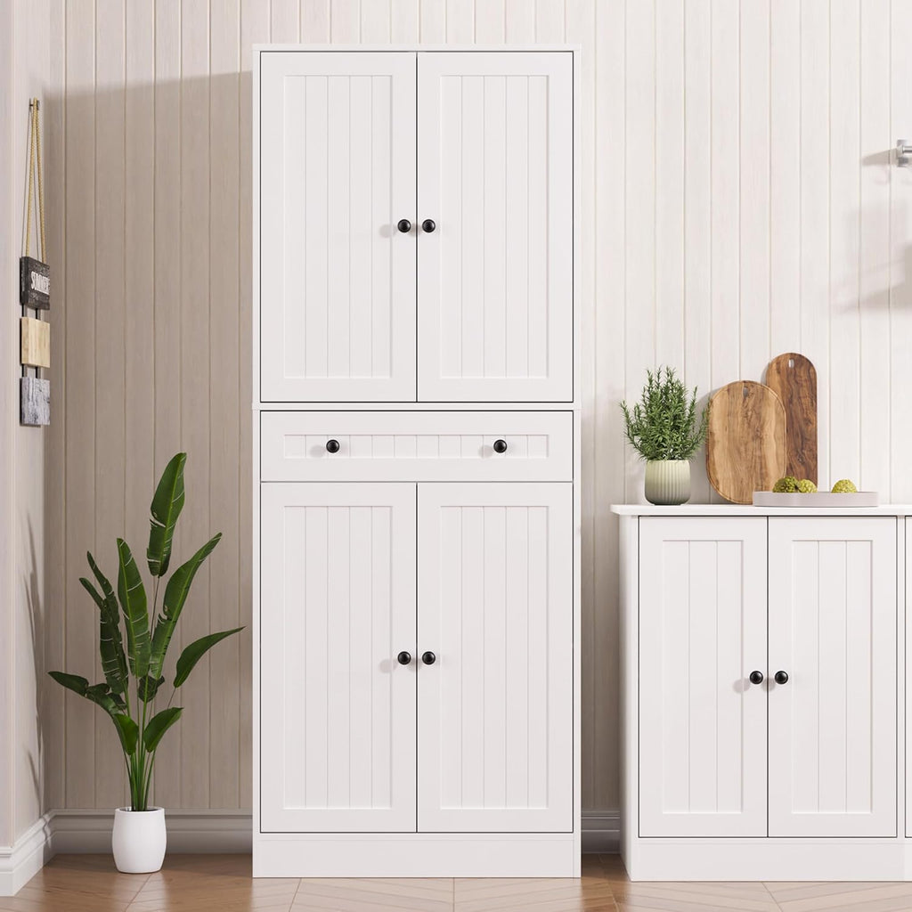 Furnify Kitchen Pantry Storage Cabinet, 71" H Farmhouse Pantry Cabinet with 4 Doors & Drawer, Freestanding Cupboard with Adjustable Shelves, Rustic Wood Cupboard for Kitchen, Dining Room, White