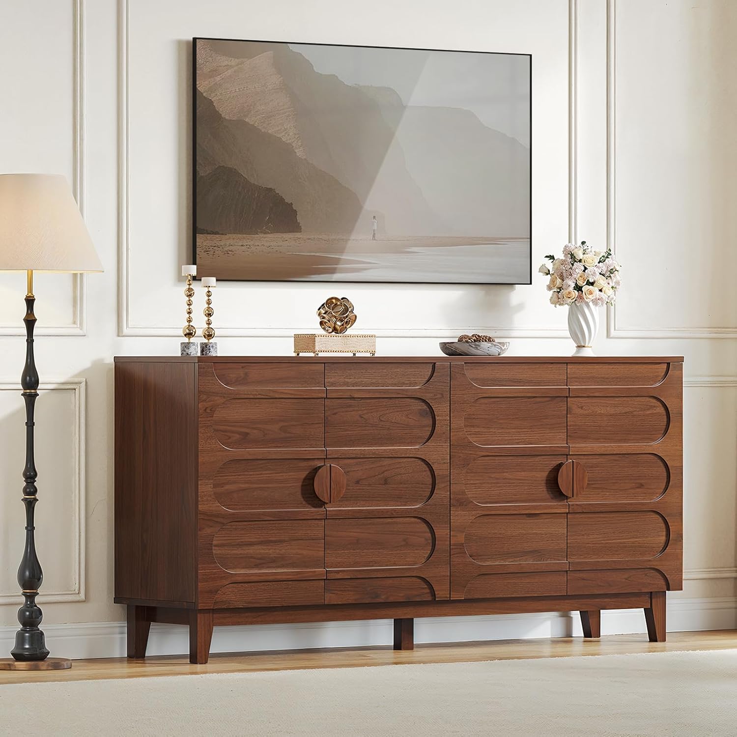 ONBRILL 63" Sideboard Buffet Cabinet with Storage, Large Buffet Cabinet with 4 Circular Panel Design Doors and Adjustable Shelves, Modern Sideboard for Living Room, Kitchen (Walnut)
