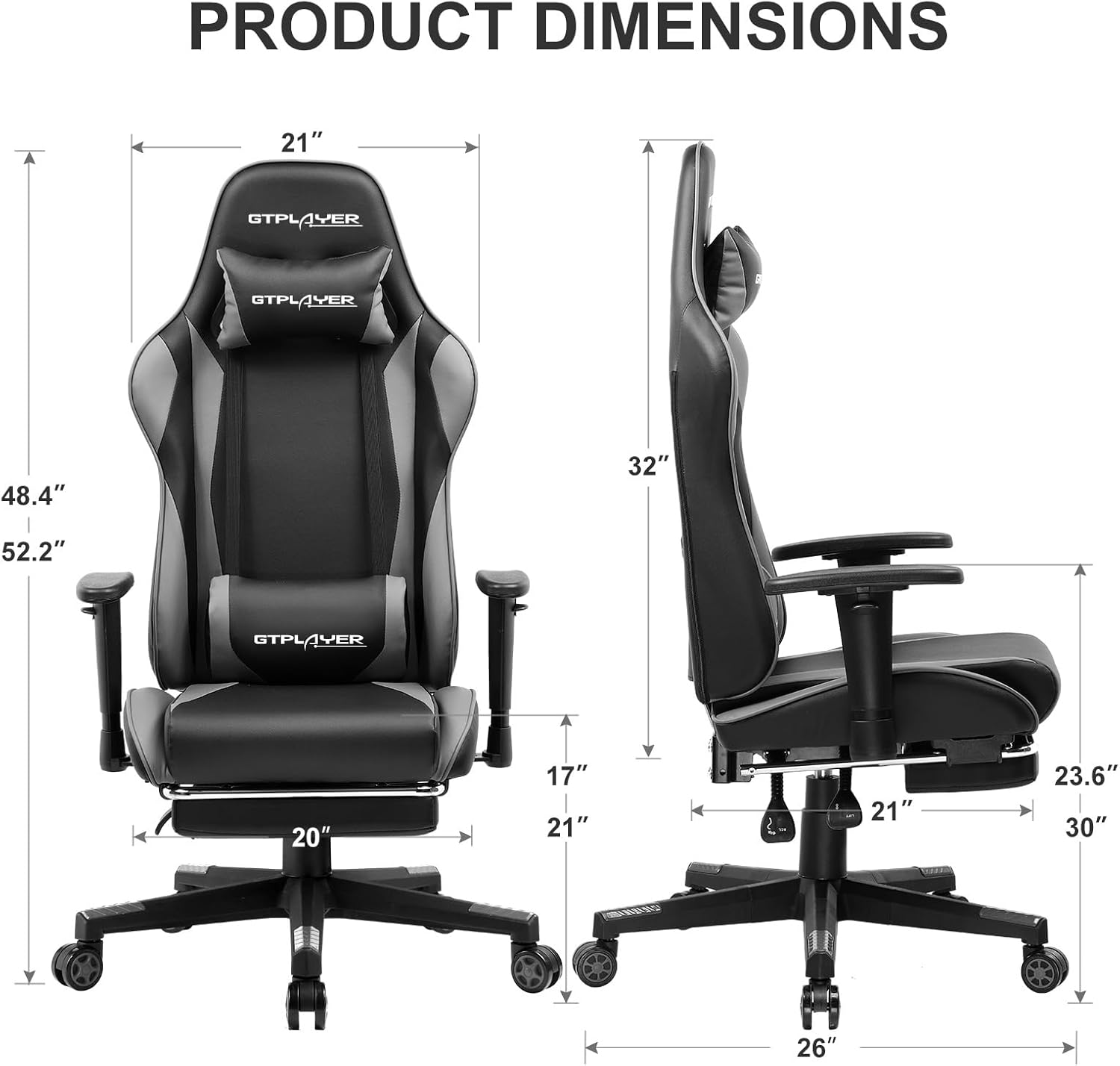 GTPLAYER Gaming Chair with Footrest, Ergonomic Computer Game Desk Chair, Reclining Game Chair Seat Height Adjustment, Swivel Rocker with Headrest and Lumbar (Grey)