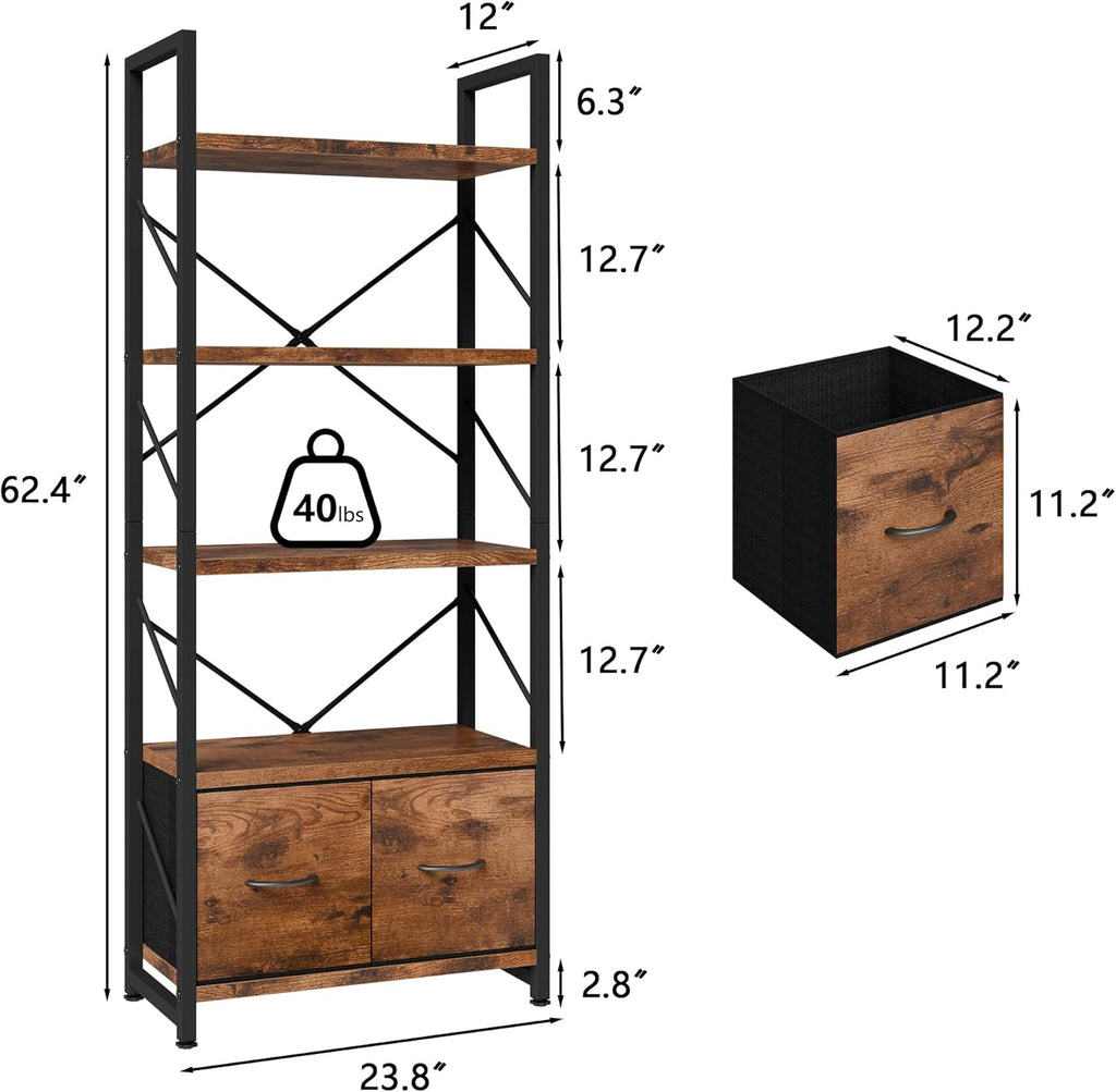 Shintenchi 5 Tier Bookshelf with Drawers, Display Standing Shelf Units, Wood and Metal Bookshelves Storage Organizer, Bookcase for Home Office Bedroom, Kitchen, Living Room, Rustic Brown