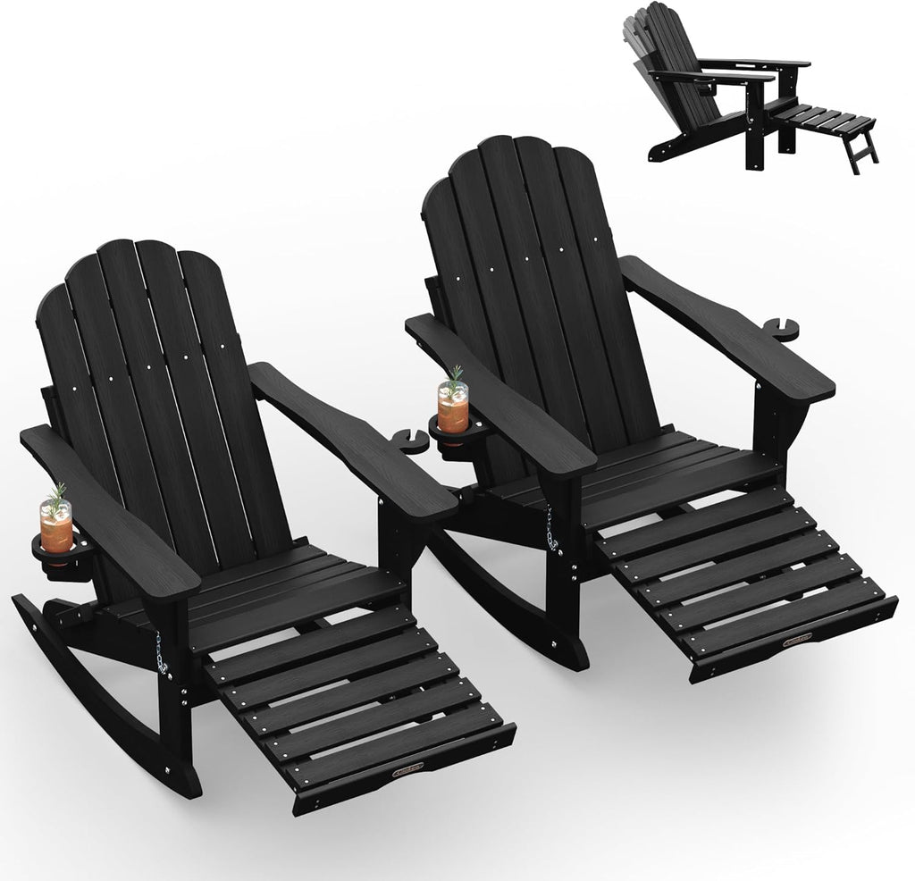 Ciokea Folding Adirondack Rocking Chairs Set of 2 with Retractable Ottoman, 4-in-1 Outdoor Adjustable Adirondack Chair with Cup Holders, HDPE Rocker for Porch, Deck, Patio, Poolside (Black)