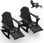 Ciokea Folding Adirondack Rocking Chairs Set of 2 with Retractable Ottoman, 4-in-1 Outdoor Adjustable Adirondack Chair with Cup Holders, HDPE Rocker for Porch, Deck, Patio, Poolside (Black)