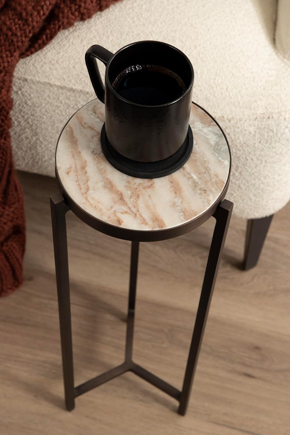 Kate and Laurel Aguilar Modern Round Drink Table, 9 x 9 x 23, Brown Marble and Bronze, Genuine Toronto Marble Accent Table for Use as Indoor Plant Stand or Pedestal Martini Table
