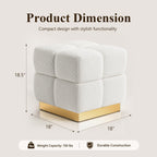 Boucle Storage Ottoman Stool, Modern Vanity Stool with Biscuit Tufting and Gold Stainless Steel Base, Square Ottoman Foot Stool for Living Room, Bedroom, Entryway, White