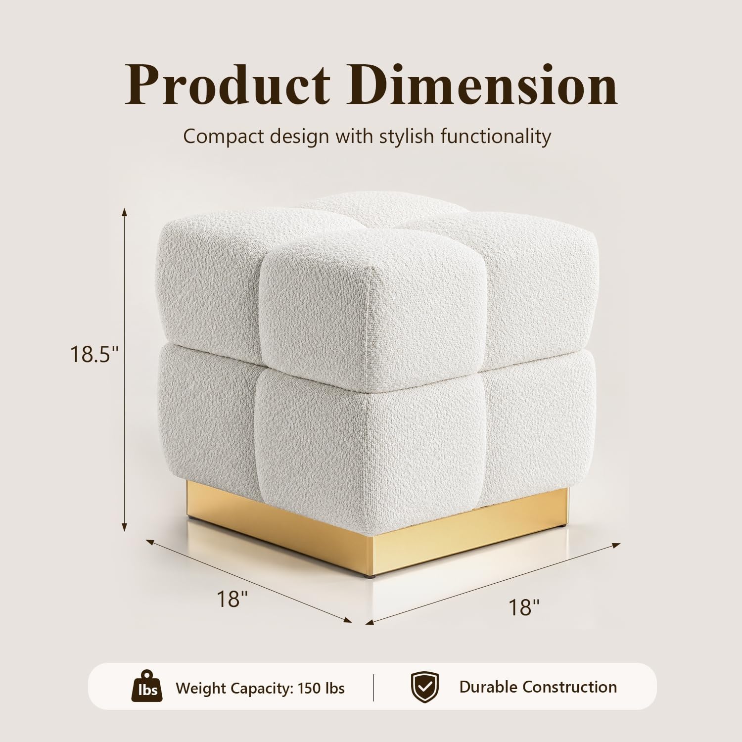 Boucle Storage Ottoman Stool, Modern Vanity Stool with Biscuit Tufting and Gold Stainless Steel Base, Square Ottoman Foot Stool for Living Room, Bedroom, Entryway, White