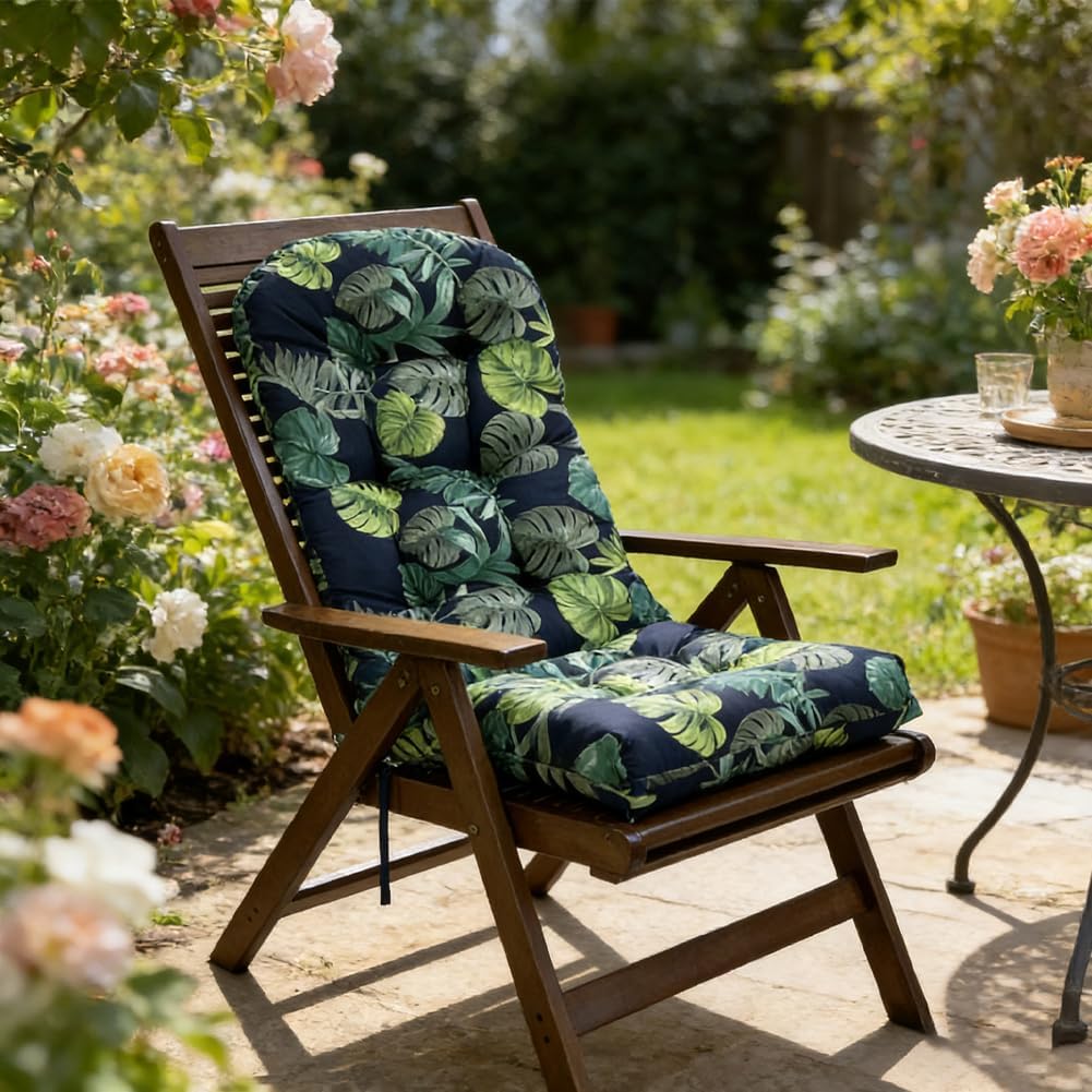 Indoor/Outdoor Rocking Chair Cushion Waterproof 43.3×19.7 in-All Weather Patio&High Back Chair Cushions with Ties,Thicken Outdoor Garden Furniture Chair Pads Replacement (Green Leaf)