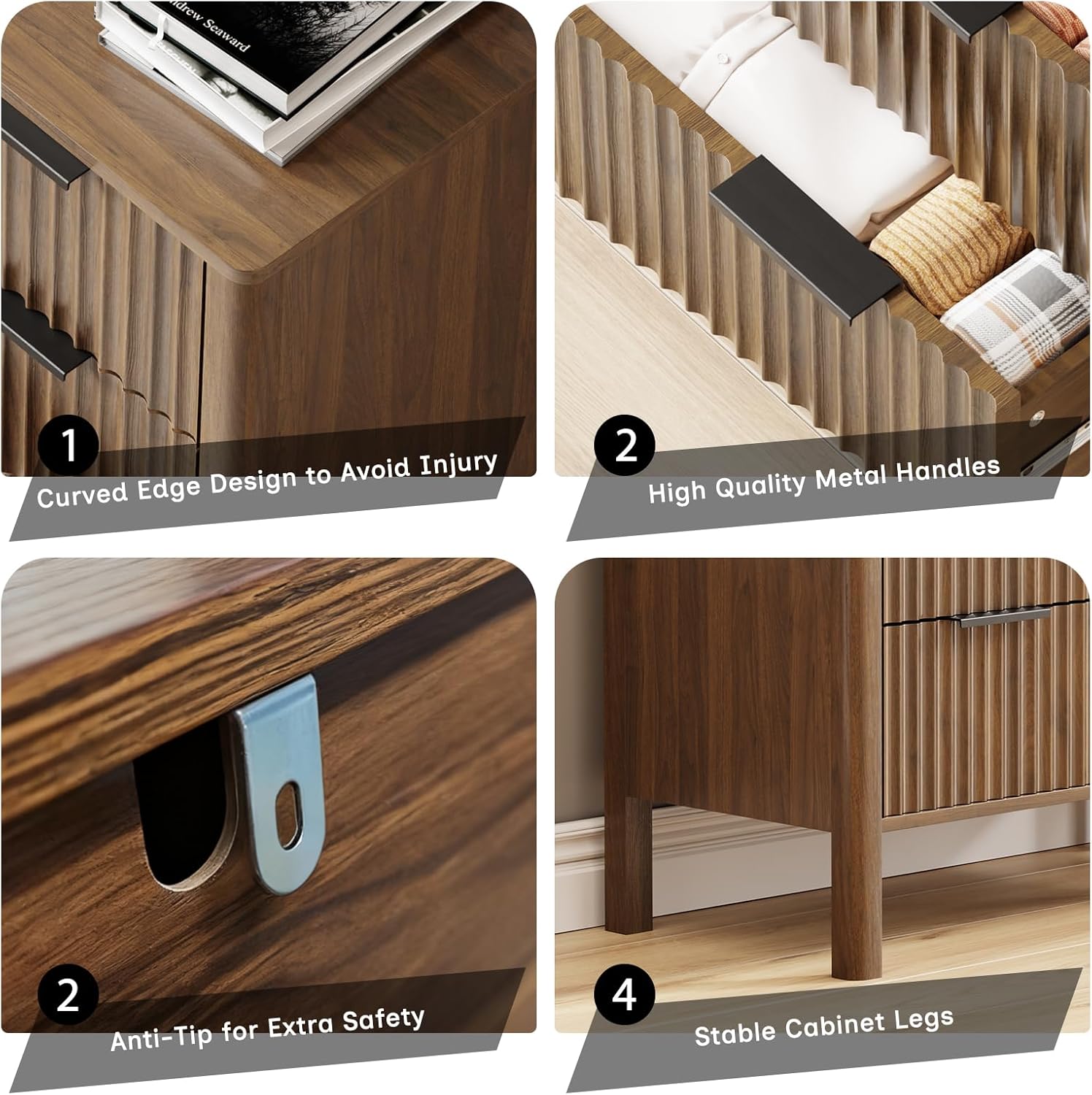 47 Inch Tall Dressers for Bedroom Fluted 5 Drawer Dresser, Wooden Dresser Modern Chest of Drawers Dressers with Organizer Storage for Bedroom, Living Room, Entryway, Walnut