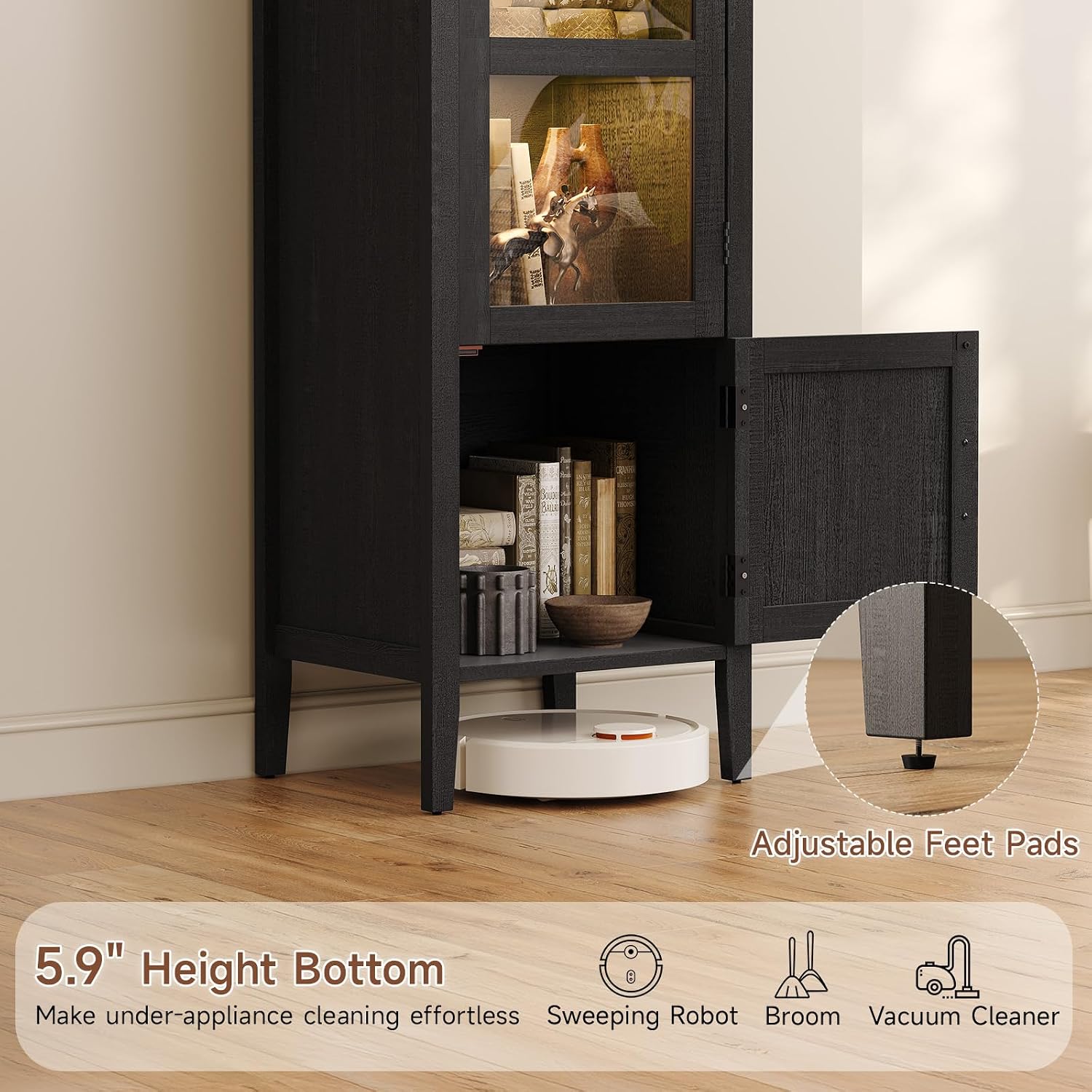 71" Narrow Arched Display Cabinet with Glass Doors, 5-Tier Curio Cabinet with LED Lights for Collectibles, Tall Bookcase Kitchen Pantry Storage Cabinet for Corner, Small Space, Living Room, Black