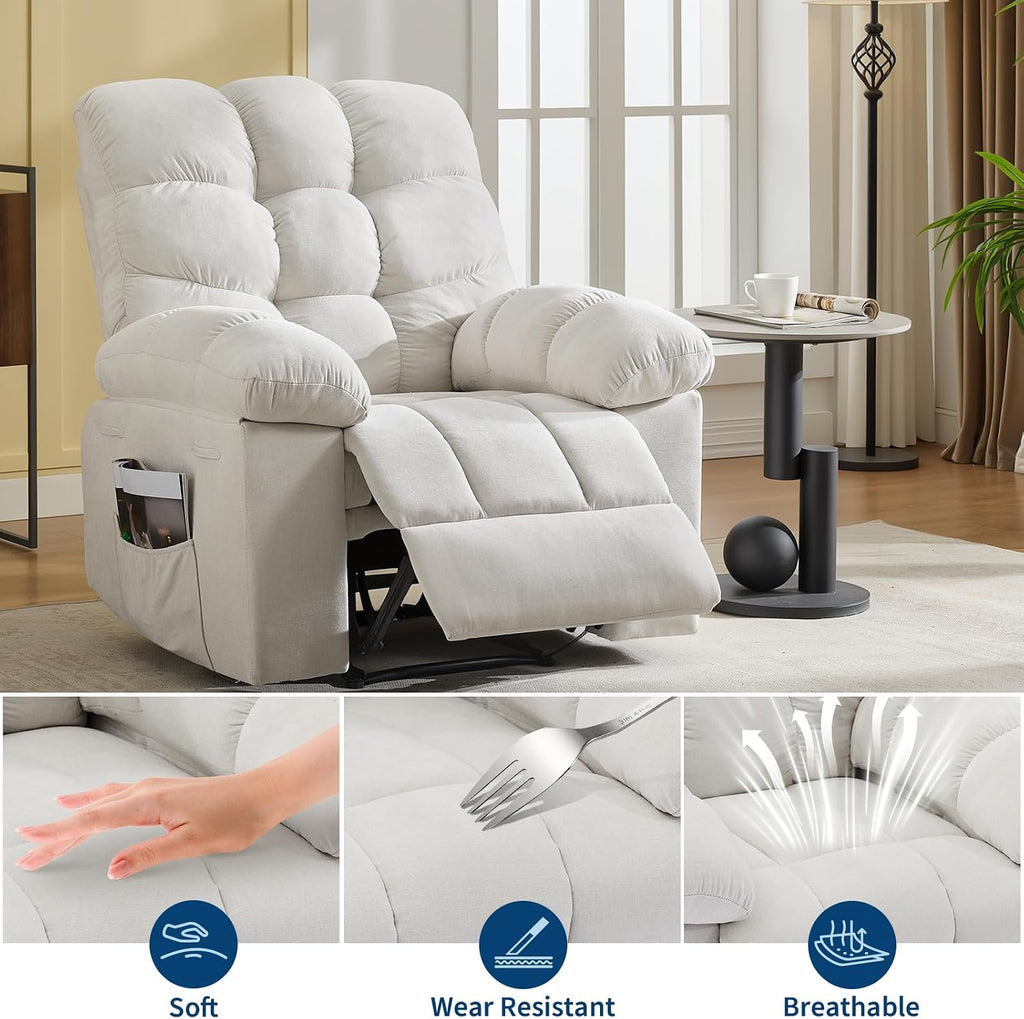 Rocking Recliner Chair with Massage & Heat, Overstuffed Fabric Upholstery, Remote Control, Side Pockets, for Living Room, Bedroom, Nursery, Home Theater, Beige