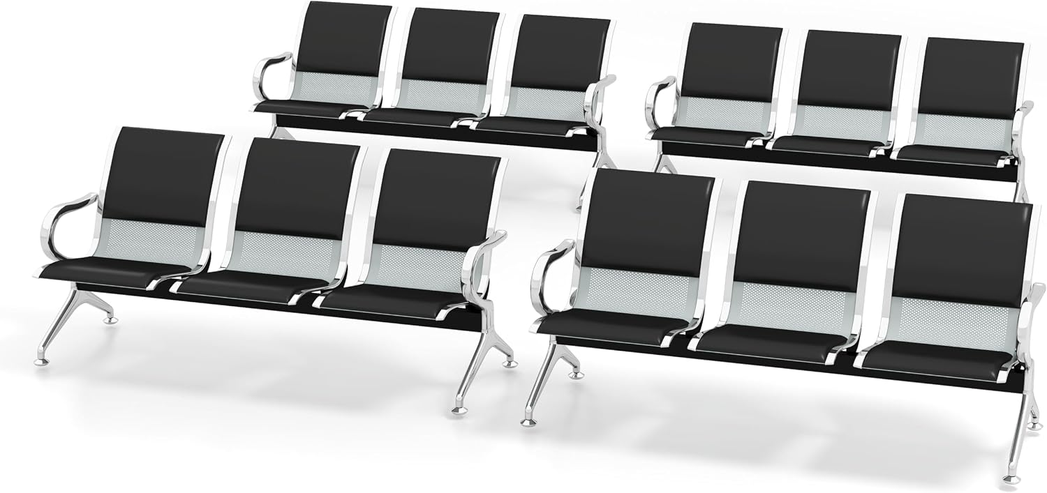 Kinsuite Set of 4 Waiting Room Reception Chairs with Arms 3-Seat Office Guest Chairs & Reception Chairs Bench PU Leather for Airport Office Bank Hospital Seat