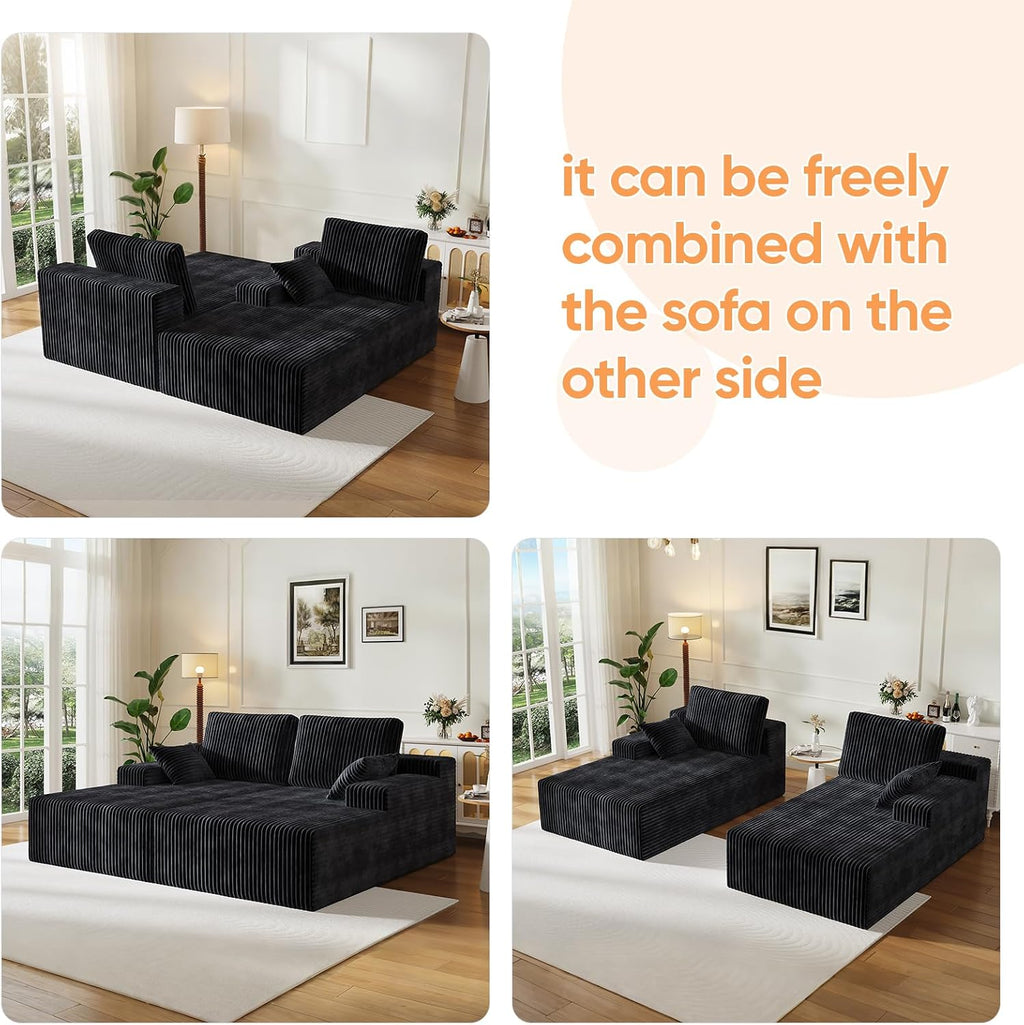 67" Sofa Bed, Boneless Chaise Lounge Chair, Plush Corduroy Upholstered Sofa Couch Bed with Pillows, Lazy Chair for Living Room Bedroom Guest Room (Black, Left Facing Chaise)