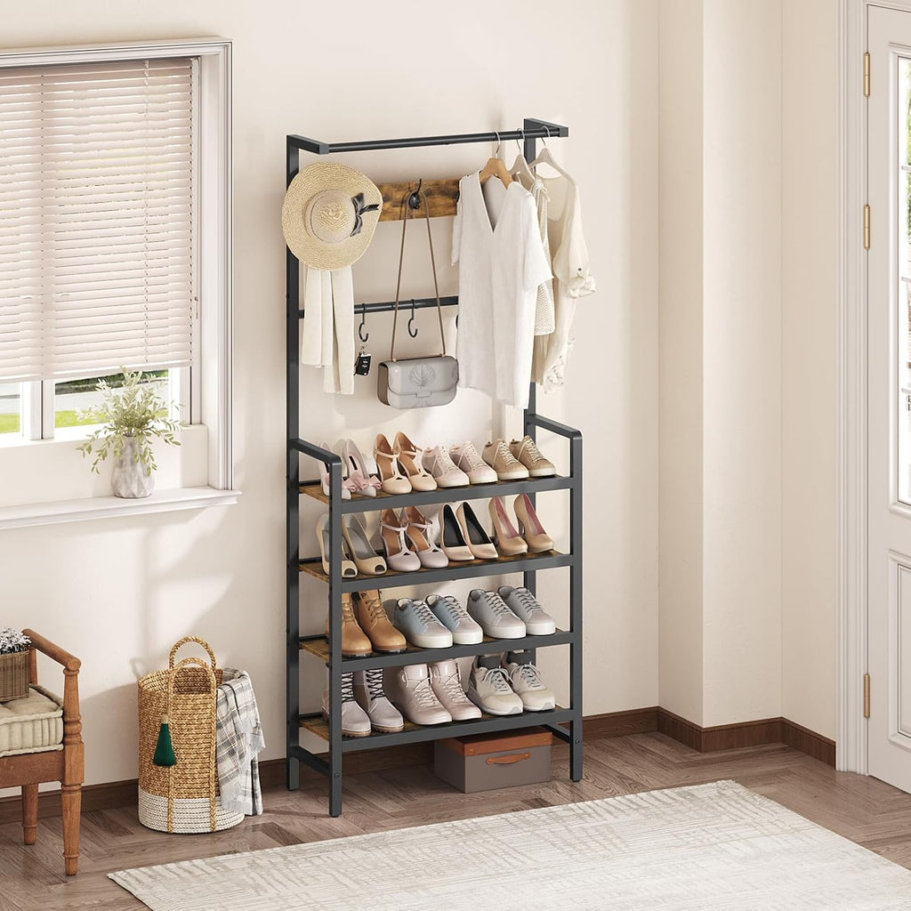 YATINEY Hall Tree, Coat and Shoe Rack, Entryway Coat Rack with 4-Tier Wooden Shoe Rack and 10 Hooks, Freestanding Hall Tree with Shoe Storage for Entryway, Hallway, Rustic Brown and Black MT09BR