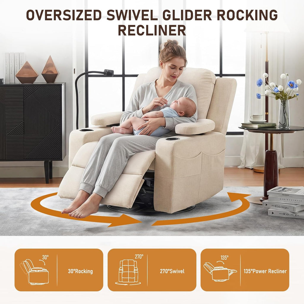 Furnimart Power Rocking Chair Nursery with Adjustable Armrests, Triple Motor Glider Recliner Swivel Nursing Chair for Breastfeeding with Phone Holder, Side Storage, Soft Waterproof Fabric, Beige
