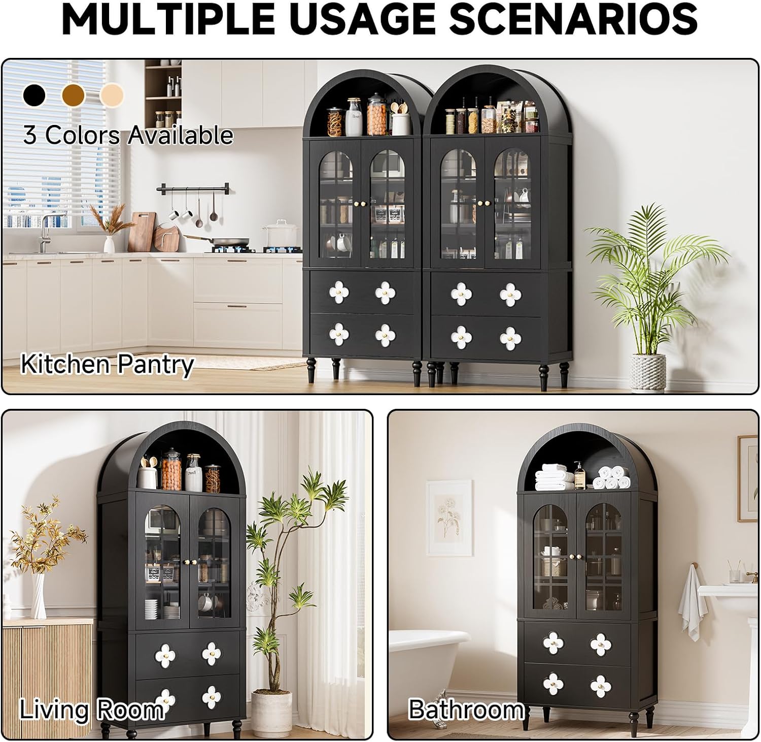 DoCred 71" Tall Arched Kitchen Pantry with Glass Doors, Retro Wood Arched Cabinet, Luxury Arch Bookshelf, 4 Shelves & 2 Drawers, Storage Cabinet for Kitchen, Dining Room, Living Room,Black