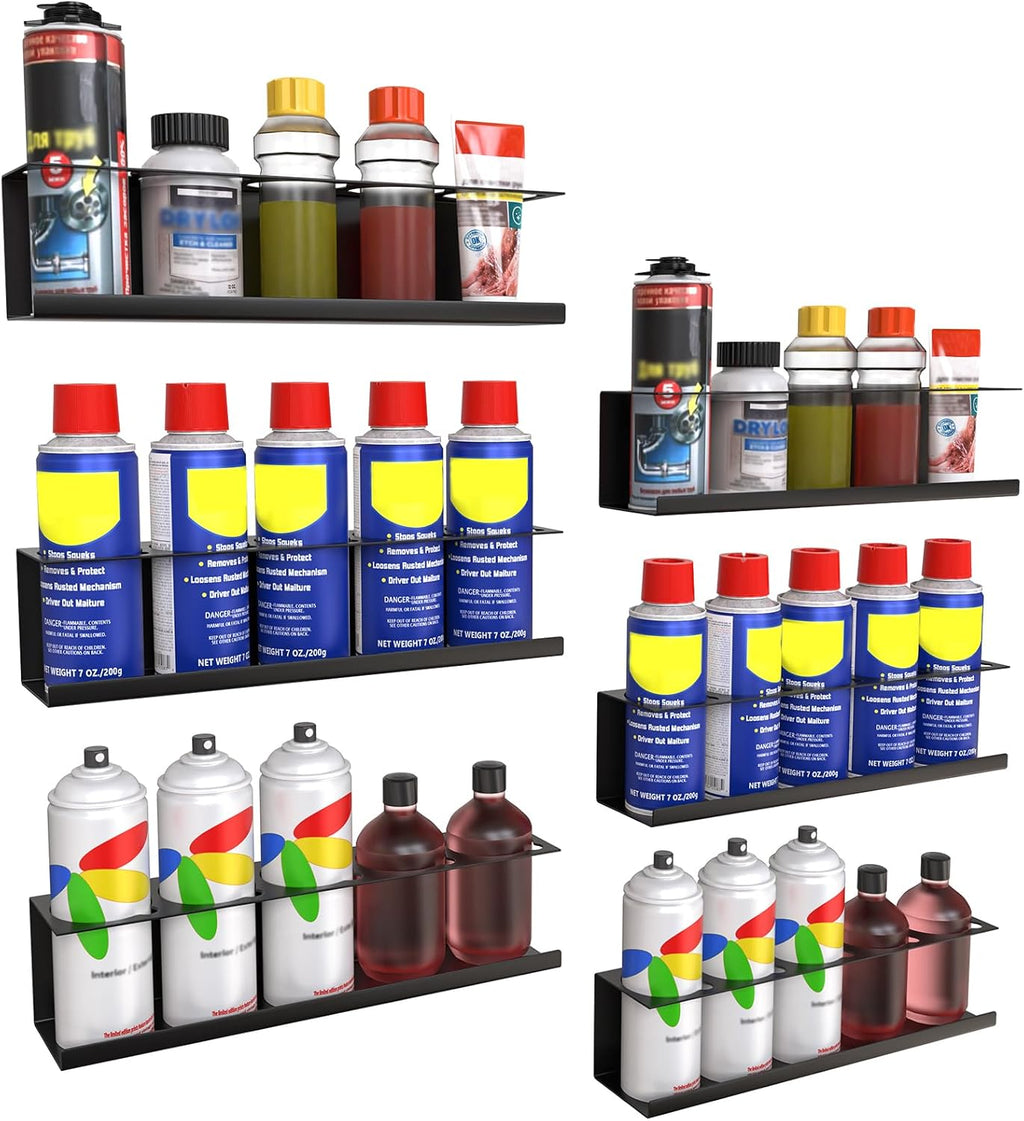 Riciakik 6 Pack Spray Bottle Holder Wall-Mounted, Aerosol Spray Can Holder Storage Rack, Heavy-Duty Paint Bottle Organizer with 30 Holes, Steel Black Spray Rack for Garage, Shop, Home or Tool Trailer