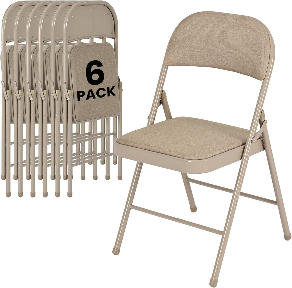 6 Pack Folding Chairs, Fabric Dining Chair Set with Padded Cushion and Back, Indoor Outdoor Seat for Home Office, Parties, Events, Wedding, Extra Guest Seating, Desert Khaki