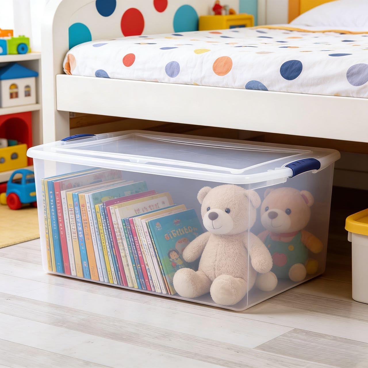 105-quart clear plastic storage box with lid, blue. Pack of 2