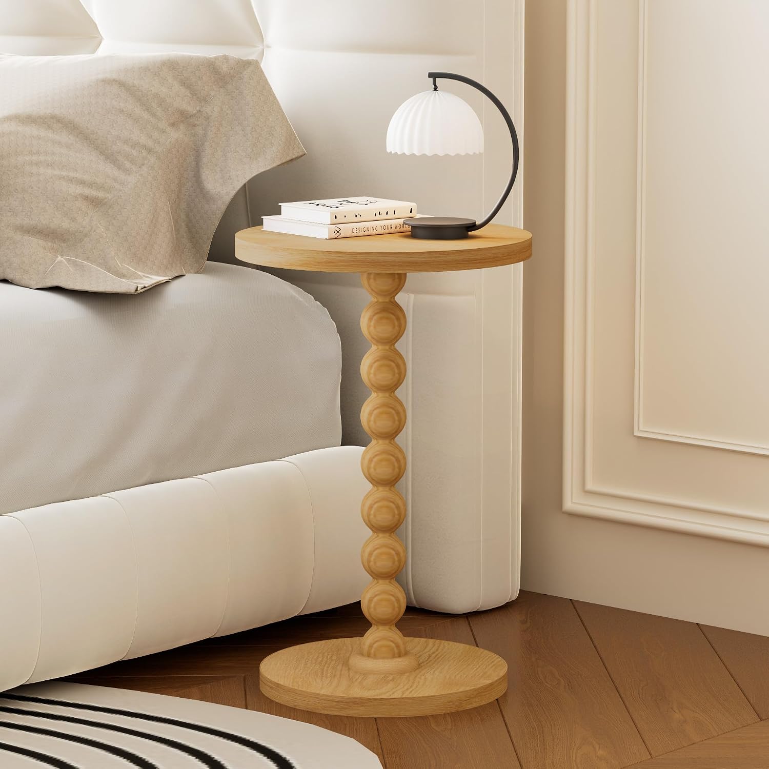 Round Side Table, Drink Table for Small Spaces, Modern Accent Nightstand with Rubberwood Leg for Living Room, Bedroom, Corners, and Office (1, Dark Natural)