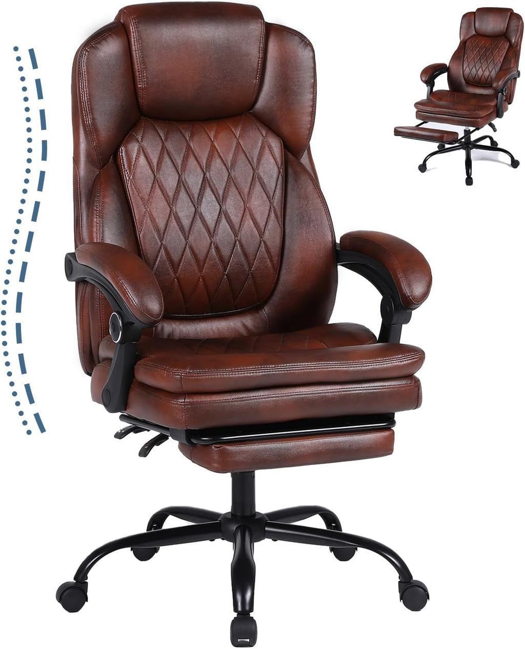 Big and Tall Office Desk Chair, Executive Office Chair with Foot Rest, PU Leather Comfy Reclining Office Chairs for Heavy People, Wide Ergonomic High-Back Computer Chairs, Brown