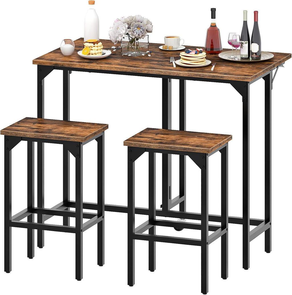 CHOEZON Bar Table and Stool Set, 39.4'' Folding Dining Table with 2 Stools, Industrial Style, for Restaurant, Living Room, Pub, Rustic Brown and Black TBT02BF