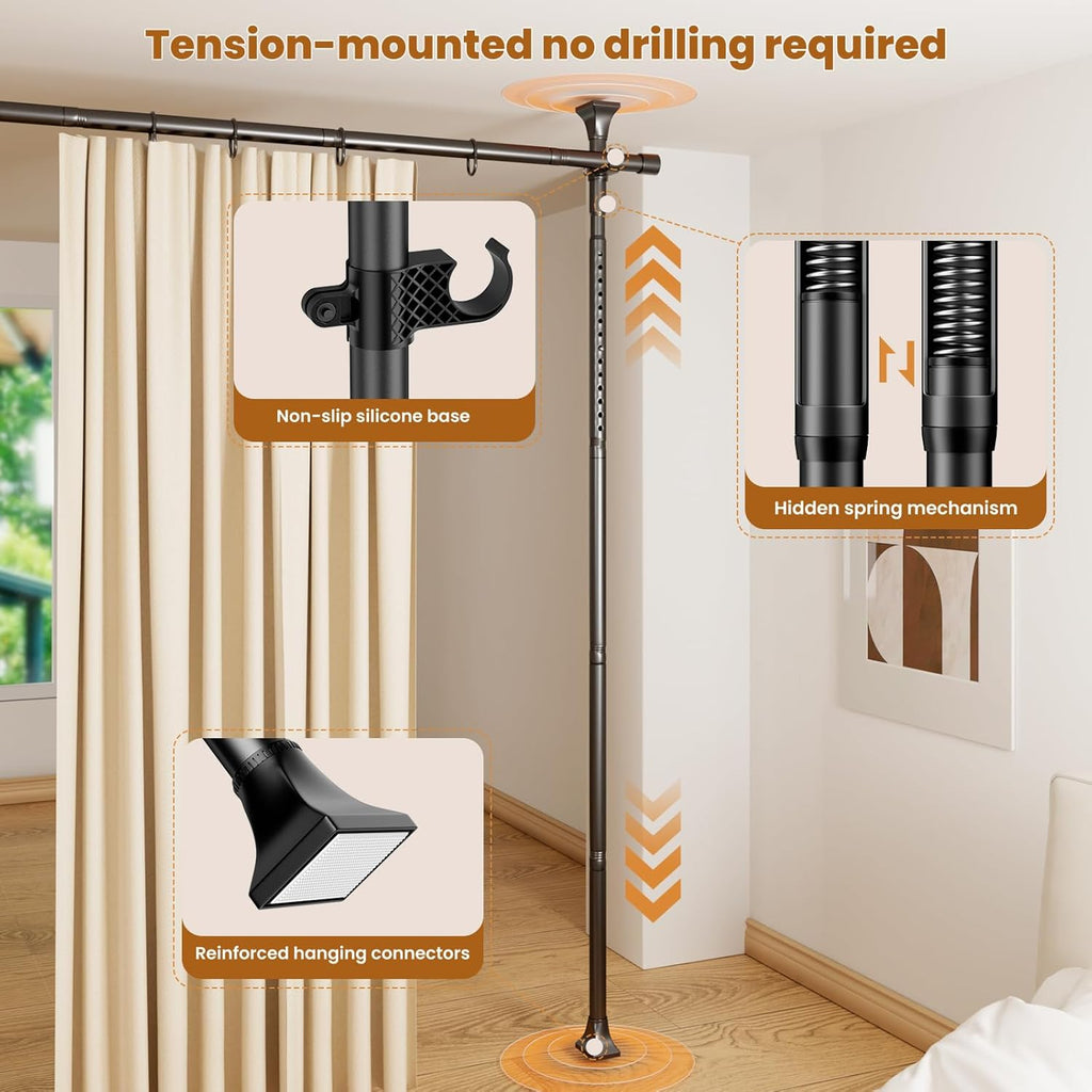 Abiglifty Room Divider Curtain Rods No Drilling, Adjustable 4-10Ft(H) Wall Divider for Room Separation, Temporary Privacy Tension Curtain Rods, Freestanding Space Room Separator, Black