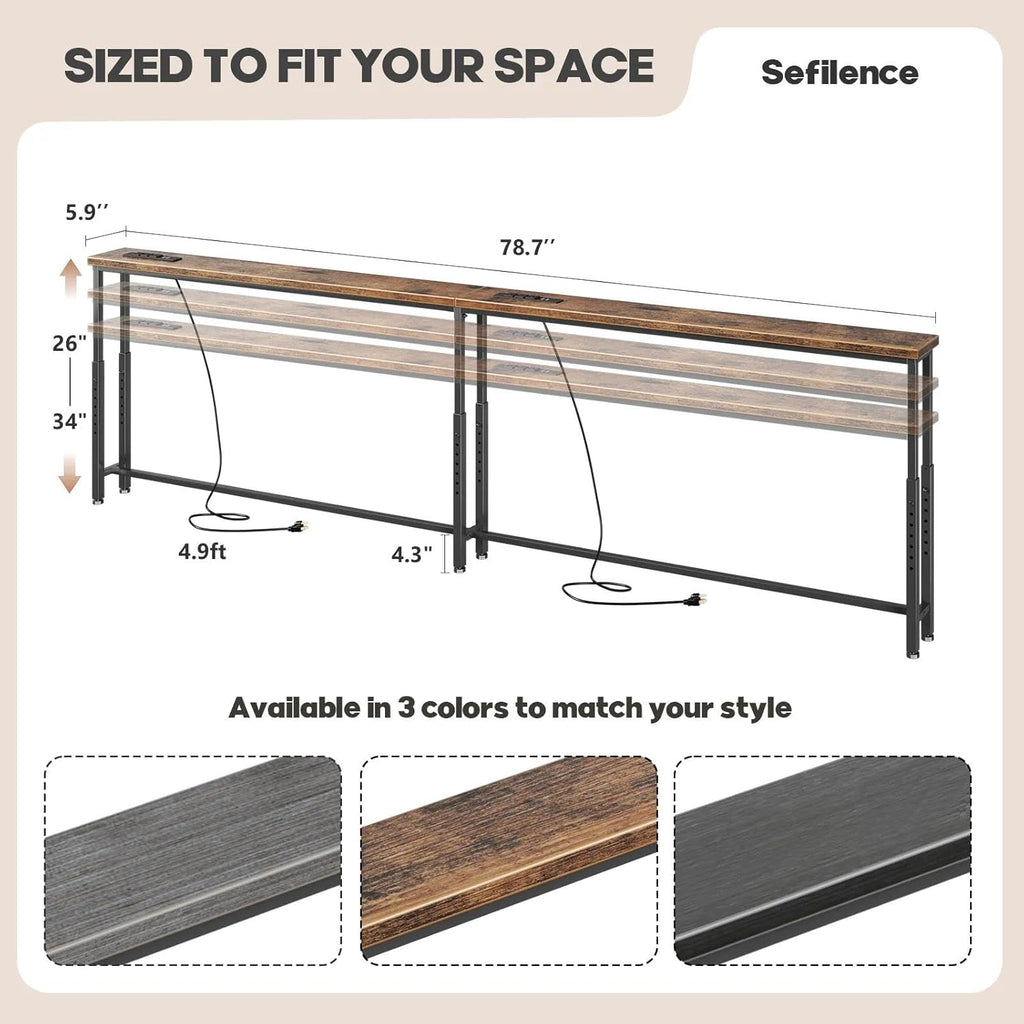 78.7’’ Narrow Console Table with 26"–34" Height Adjustable, Behind Couch Table Skinny with 2 Power Outlets and USB Ports, Long Sofa Tables for Living Room and Small Spaces, Rustic Brown