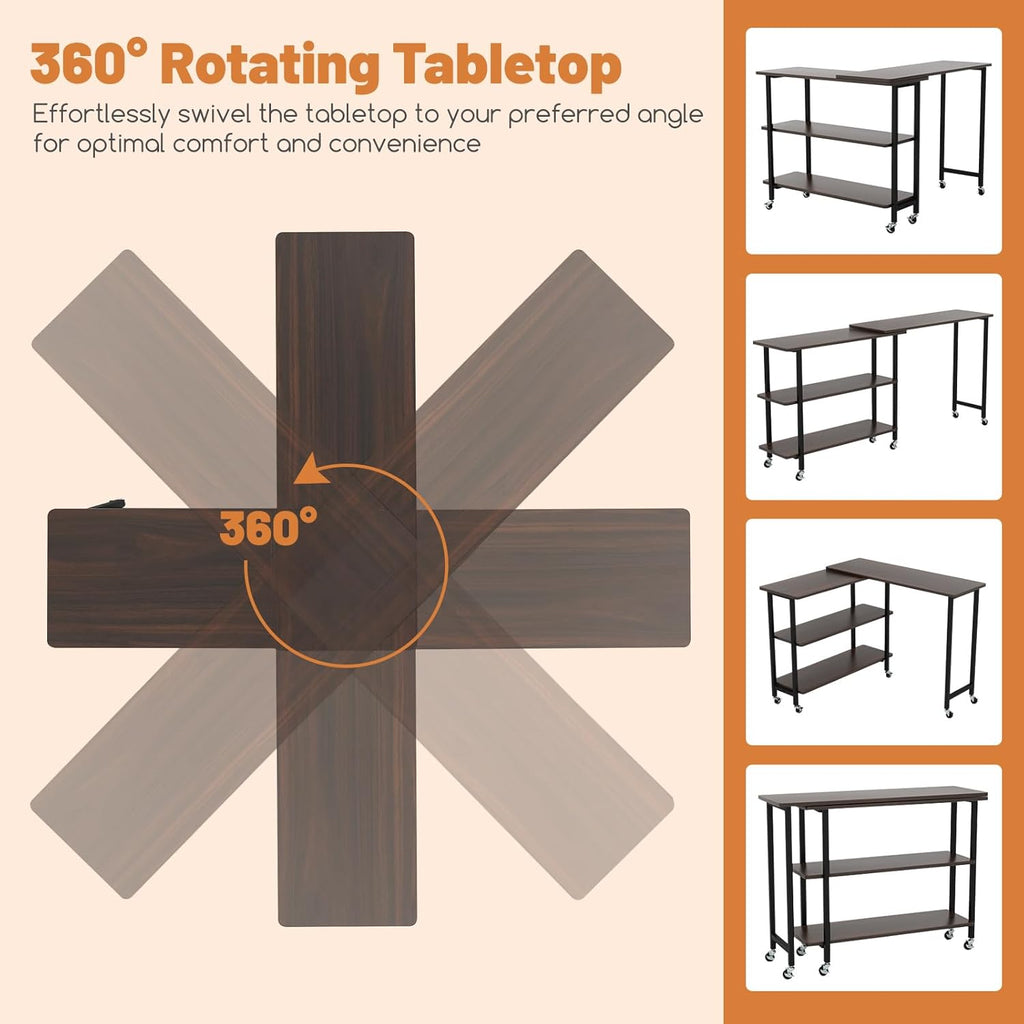 GOFLAME 360° Rotating Sofa Side Table, Mobile Couch Side End Table with 2-Tier Storage Shelves, Swivel Rolling Desk w/Metal Frame, 6 Casters, Movable Laptop Table for Home Office, Patented, Walnut