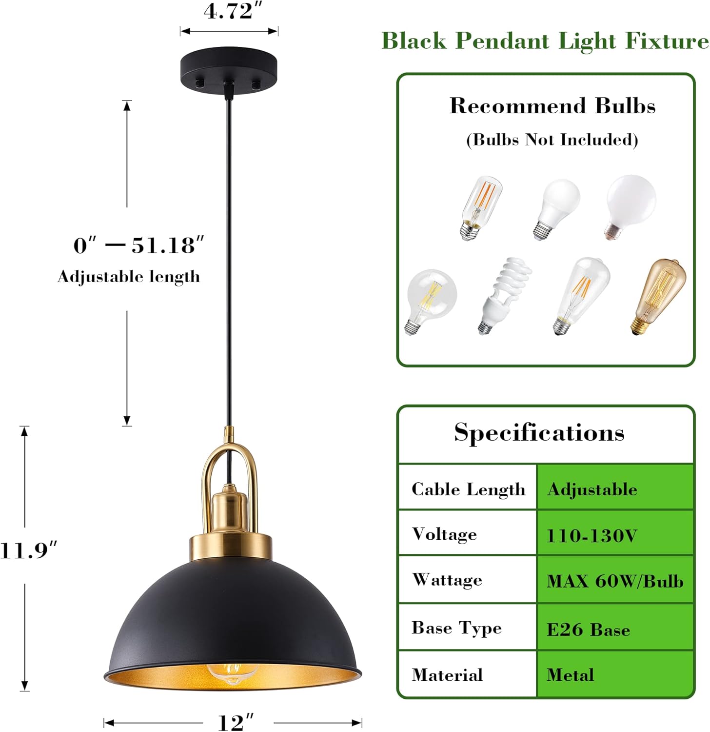 Matte Black Farmhouse Pendant Light, Adjustable Height, Vintage Hanging Industrial Ceiling Lights Fixture for Kitchen Island Hallway Dining Room 2 Pack