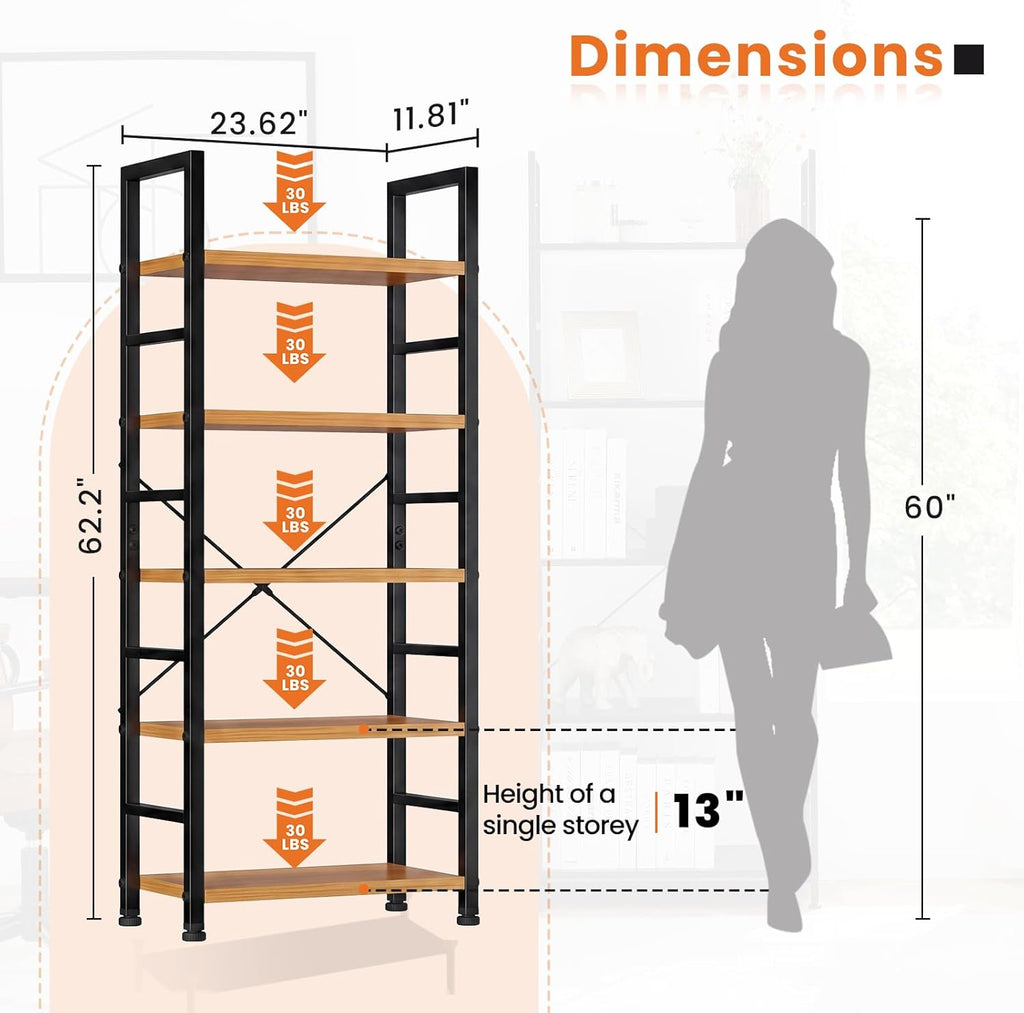 Sweetcrispy Book Shelf, 5 Tier Bookcase, Modern Tall Bookshelf for Garage Kit, CDs, Movies, Industrial Corner Storage Organizer for Bedroom Home Office Kitchen Living Room, Wood