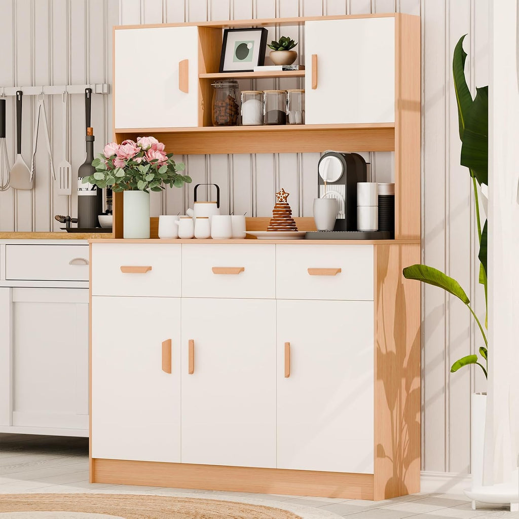 Talent Star 70" Tall Pantry Cabinet, Kitchen Storage Cabinet, Wood Storage Cabinets with 3 Drawers, 5 Doors and Open Shelves for Kitchen, Living Room, Dining Room Wooden Color