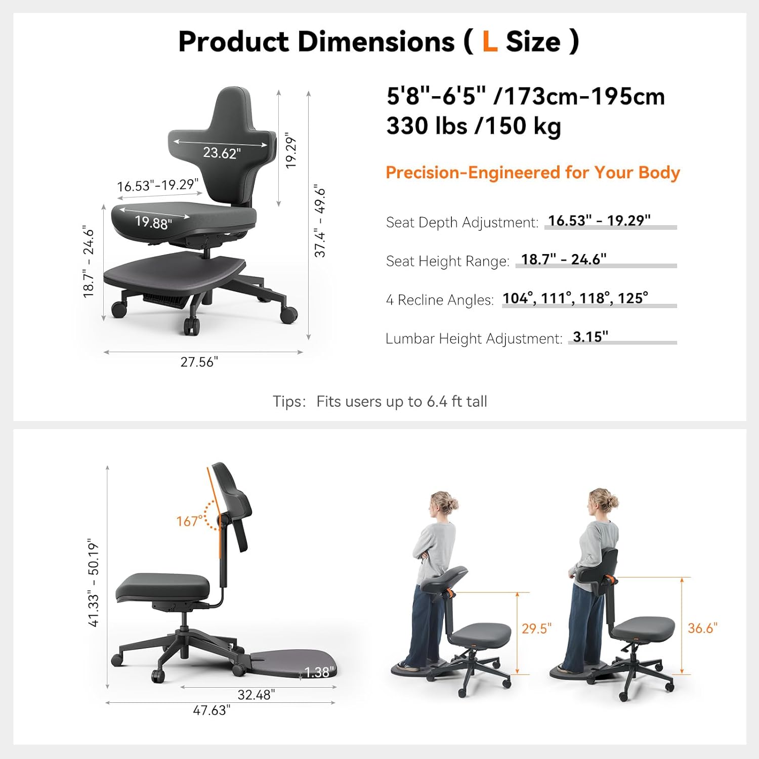 Newtral Standing Mate Chair, 6-in-1 Ergonomic Office Chair with 167° Lockable Flip Backrest, Multi-Position Stool for Standing Desk, Active Posture Support for Sit-Stand-Lean,Wide Seat