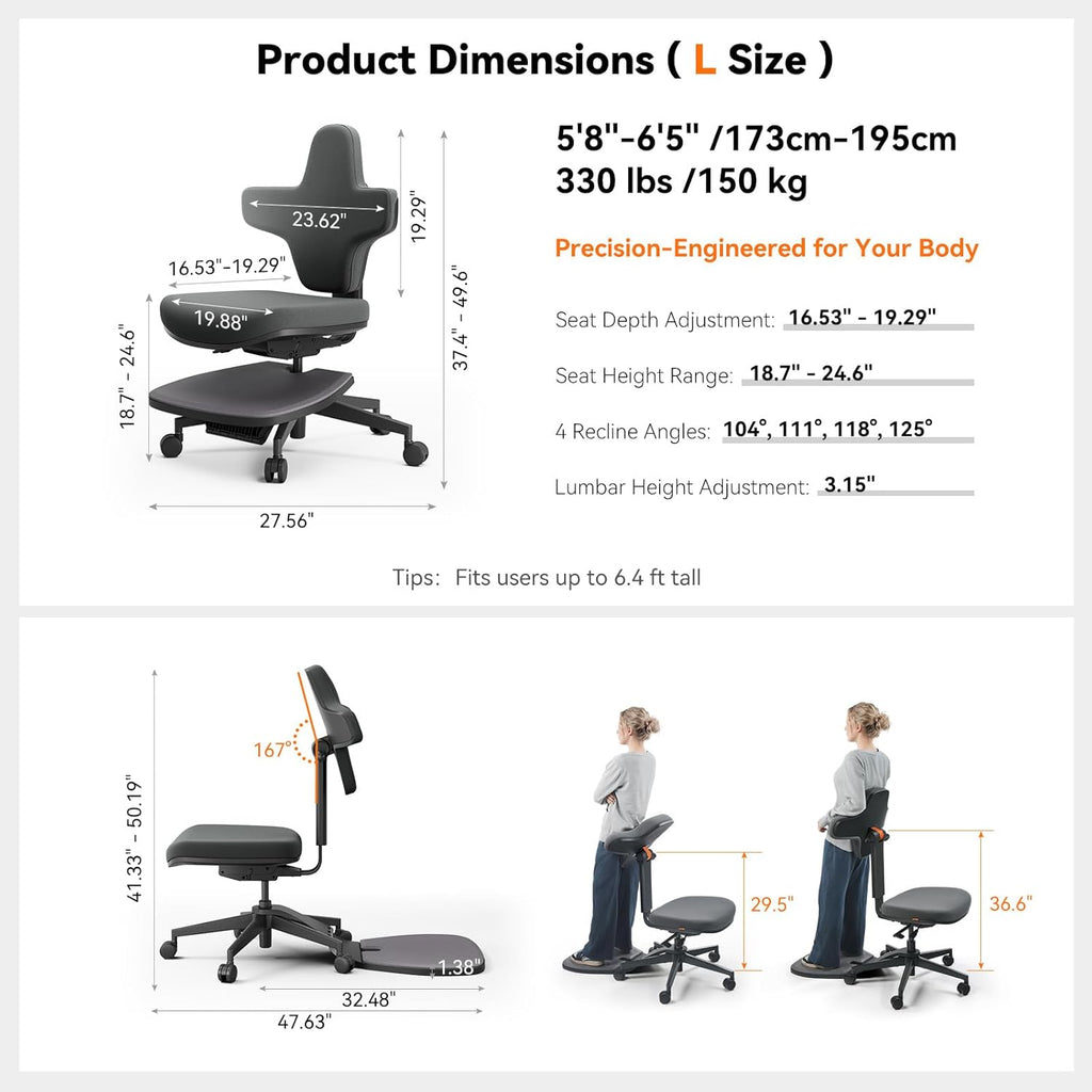 Newtral Standing Mate Chair, 6-in-1 Ergonomic Office Chair with 167° Lockable Flip Backrest, Multi-Position Stool for Standing Desk, Active Posture Support for Sit-Stand-Lean,Wide Seat